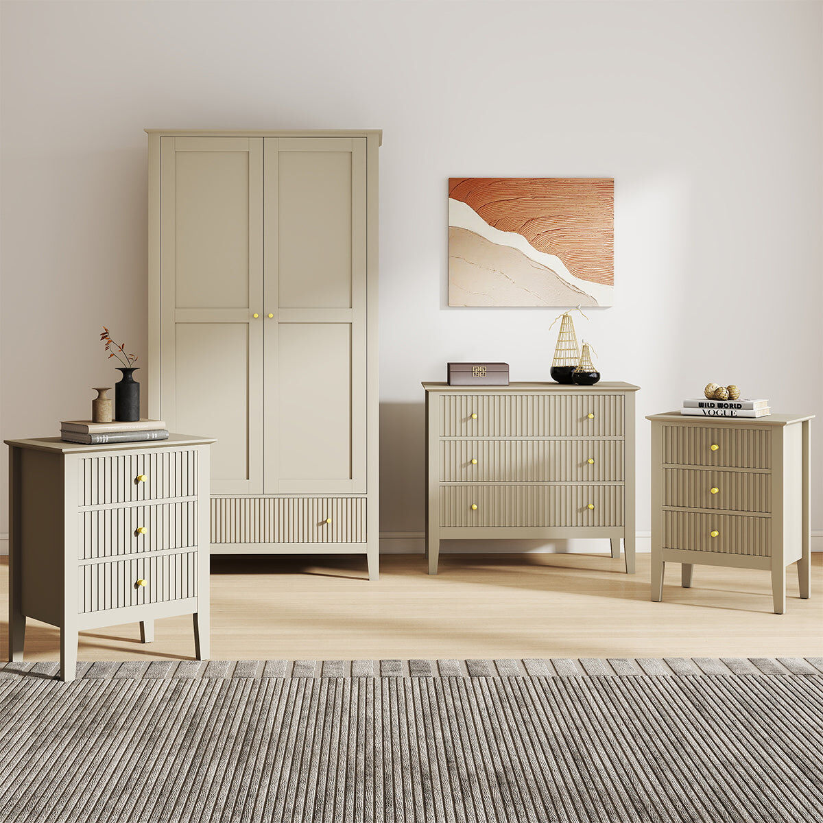 Double Wardrobe, 3 Drawer Chest of Drawers & Pair of Bedside Tables - Hales Taupe Range Manufactured Wood, Metal