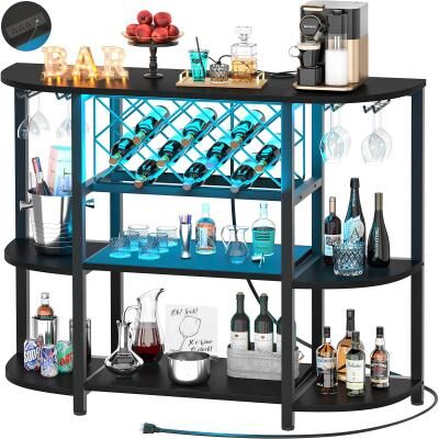 Rackcog 4-Tier Wine Bar Cabinet with Outlet and LED Light,Freestanding Bar Table with Glass Holder and Wine Storage