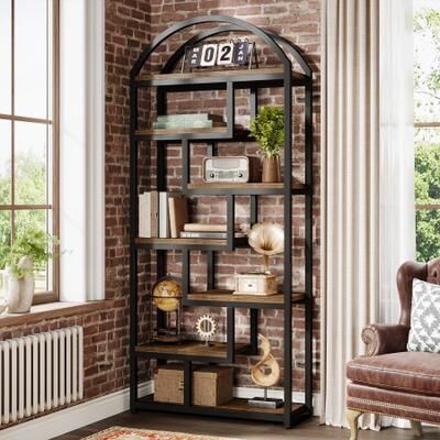 ROSE "71"" Tall Arched Bookshelf, 7-Tier Industrial Bookshelf, Open Bookcase Storage Shelves with Metal Frame"