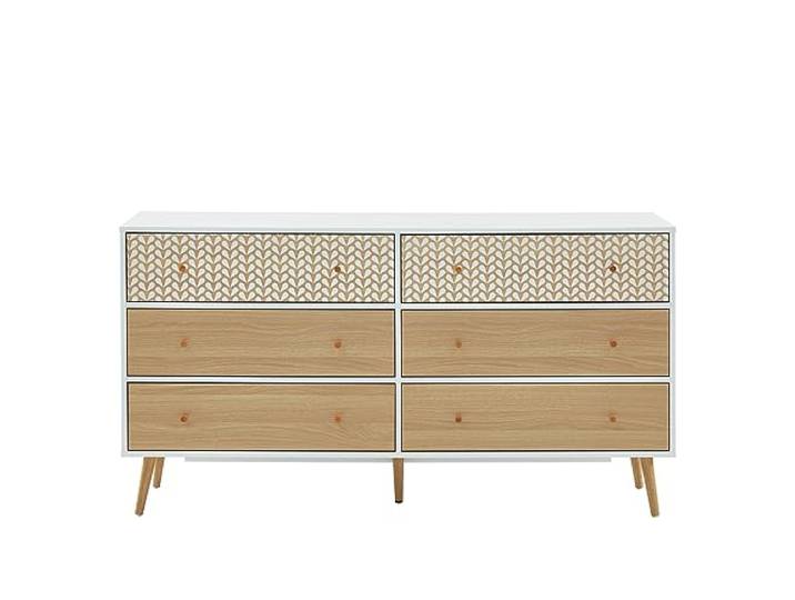 BAÏTA Kommode 150 cm 6 Schubladen, MDF-Rahmen, 5 Füße aus Eukalyptusholz, Holzgriffe