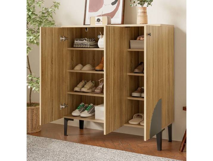 Meuble à chaussures moderne aspect bois 3 portes avec rangement et plateau pour entrée pieds noirs JOINERY
