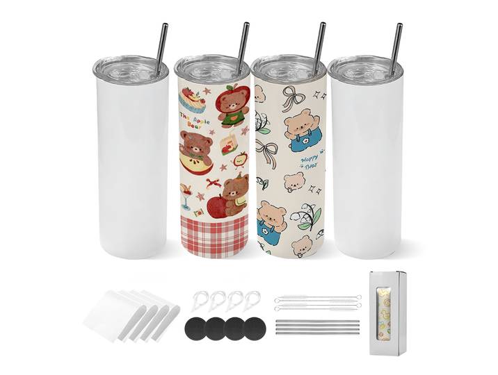 Vevor Gobelet A Sublimation Vierge 4pcs 591 Ml\, Gobelet Isotherme A Personnaliser Droit Et Fin\, Pour Personnalisation Diy\, Bouteille Sublimable En Inox\, Double Paroi Isolee\, Avec Couvercles Et Pailles