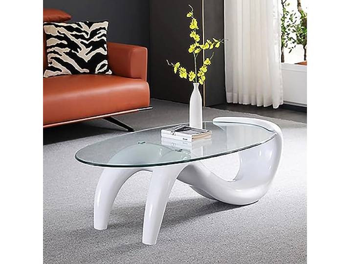 Ovaler Couchtisch aus Glas, moderner Couchtisch für Wohnzimmer, abstrakter Couchtisch, klare Glasplatte, moderner Couchtisch, Akzent-Couchtisch, Beistelltisch (Größe: 90 x 55 x 40 cm, Farbe: Weiß)