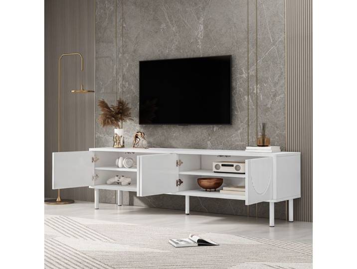 Meuble TV 180 cm EVRYAE blanc mat avec 4 portes relief 3D rangement fermé et passe-câbles
