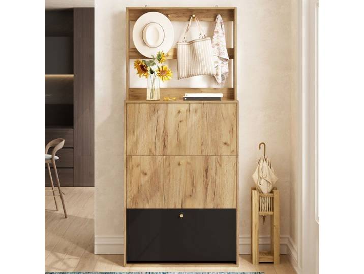 Meuble à Chaussures à 3 Abattants avec Patères Range-Chaussures Étroit 75 × 24 × 180 cm Effet Bois et Noir