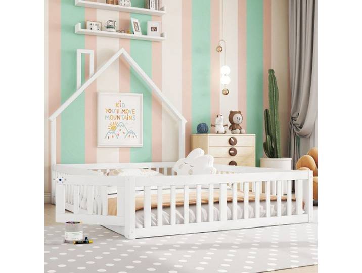 Lit enfant 140x190 cm style cheminée pin blanc sommier inclus design minimaliste