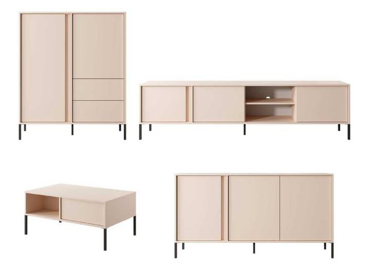 Feldmann-Wohnen Wohnwand Dast, (Vollauszugschubladen, Drehtüren, Einlegeböden, 4-St., moderne matte Optik, Grifflos, Push-to-Open), Highboard, Lowboard (3D), Kommode (3D), Couchtisch - Ohne Beleuchtung