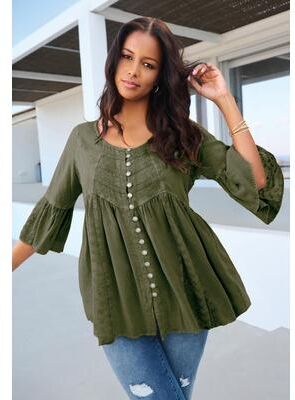 Plus Size Women's Taylor Acid Wash Big Shirt by Roaman's in Dark Olive Green (Size 20 W)