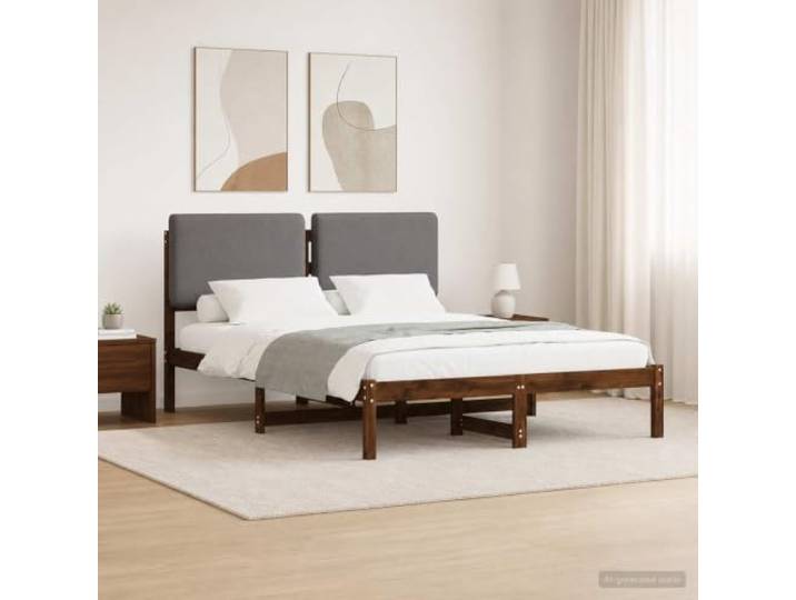 Bett mit gepolstertem Kopfteil aus massivem Akazienholz, Dunkelbraun Rechteckiges Bett, Kopfteil aus Leinenimitat, 100 % Polyester, abnehmbarer Bezug waschbar, Struktur aus Massivholz, Stil