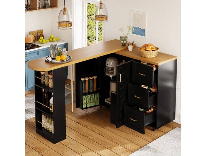 VUENOR Desserte de cuisine extensible 135-228 cm noire – 2 portes 3 tiroirs sur roulettes