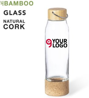 Borraccia Aderox 470ml in vetro e bamboo, eco-design naturale Personalizzate o neutre