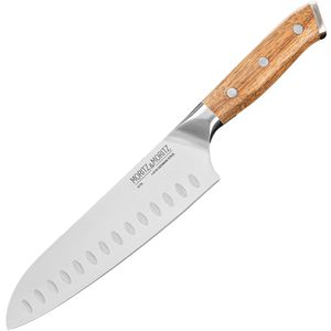 Moritz&Moritz Santokumesser 5779, 18 cm Edelstahlklinge mit Kullenschliff, Akazienholzgriff