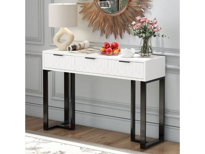 Table Console Moderne - 3 Tiroirs - Structure Dorée - Blanc et Noir - 120x36x80cm
