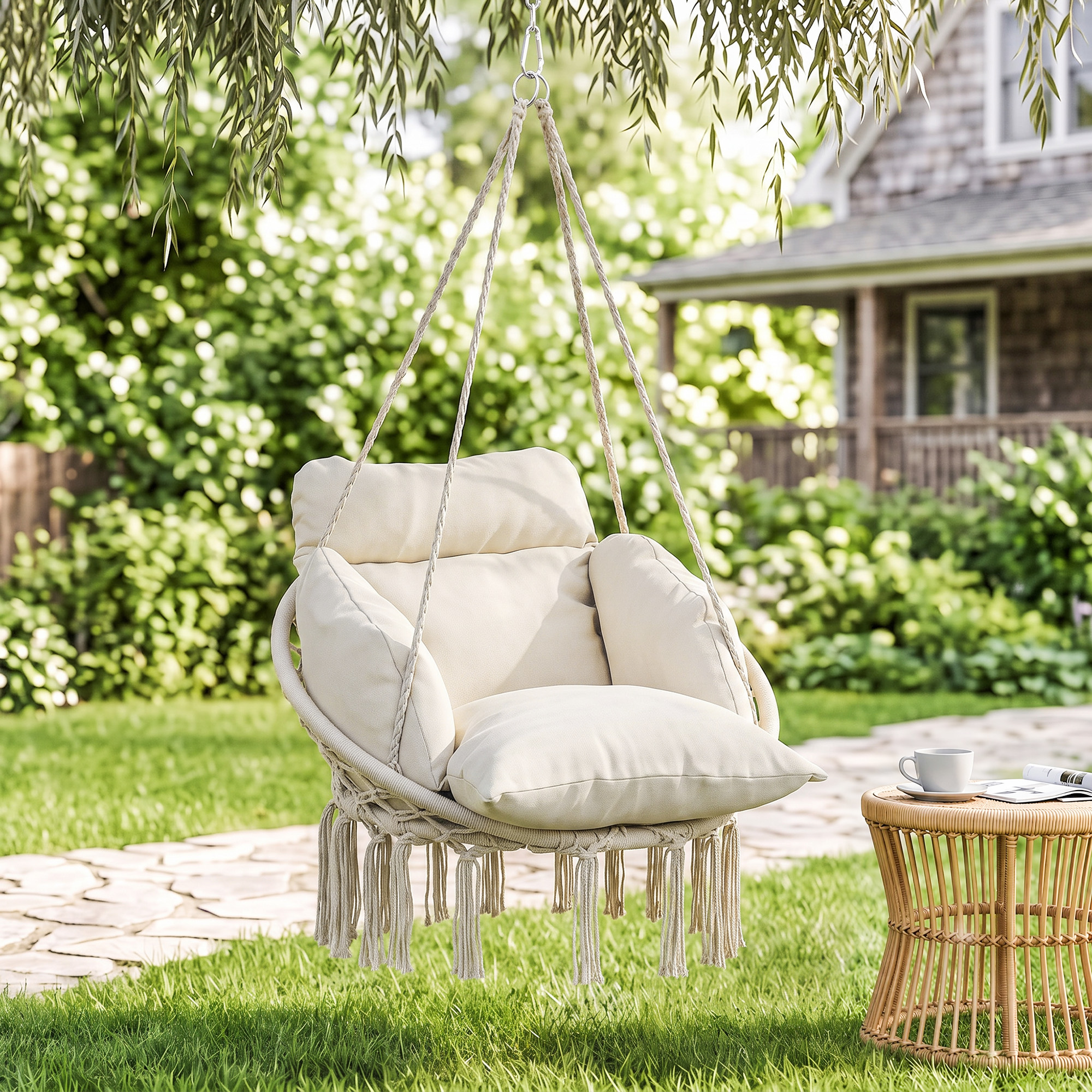 Outsunny Poltrona Sospesa in Stile Boho con Cuscino, in Acciaio, Cotone e Poliestere, 80x60x40 cm, Bianco Crema