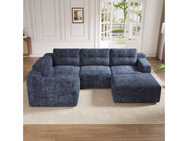 Canapé Modulable - SOGEU - Canapé Composable 5 places - Tissu chenille bleu - Modulable U/L - Sans montage