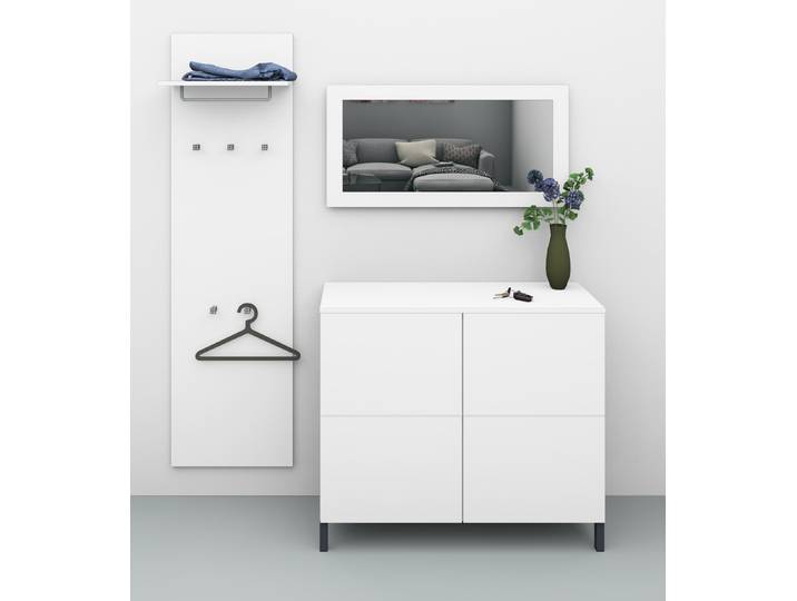 Garderoben-Set BORCHARDT MÖBEL Haama 3-teilig mit Kommode, Wandpaneel und Spiegel , weiss (weiß matt), Kastenmöbel-Sets, Garderoben-Set, Push-to-open-Technik, Metallfüsse, platzsparend