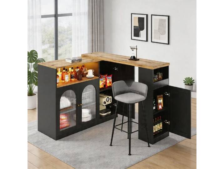Serveurs crédences et buffets - N620P205048S - Plateau rotatif 360° - Portes vitrées LED - MDF noir mat 197x39 6x100 cm