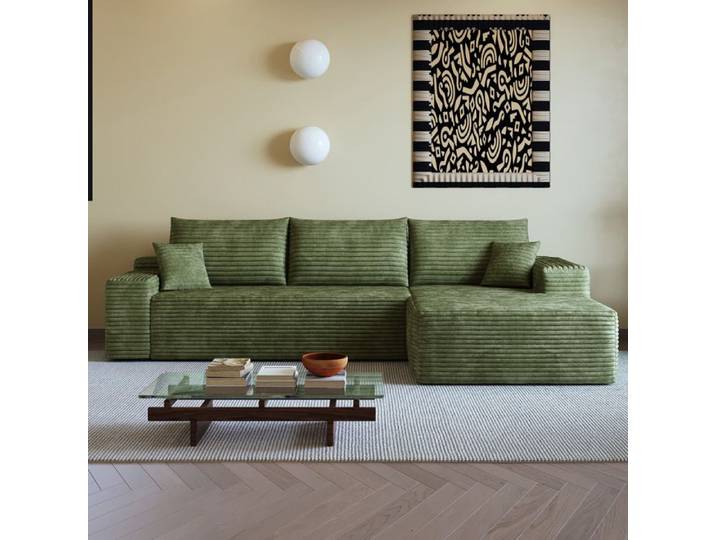 Canapé d'angle modulable 3 Places Canapé Sectionnel en Velours Côtelé Canapé avec Méridienne sans assemblage Vert 270x175x83cm