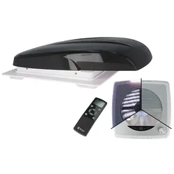 Berger Plus Fan Dachhaube mit Ventilator, LED, Fernbedienung, Fliegengitter und Verdunkelungsrollo 40 x 40 cm Schwarz