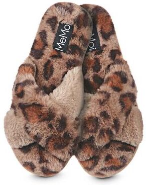 Women's Cheetah Crossover Open Toe Plush Slippers by MeMoi in Taupe (Size M)