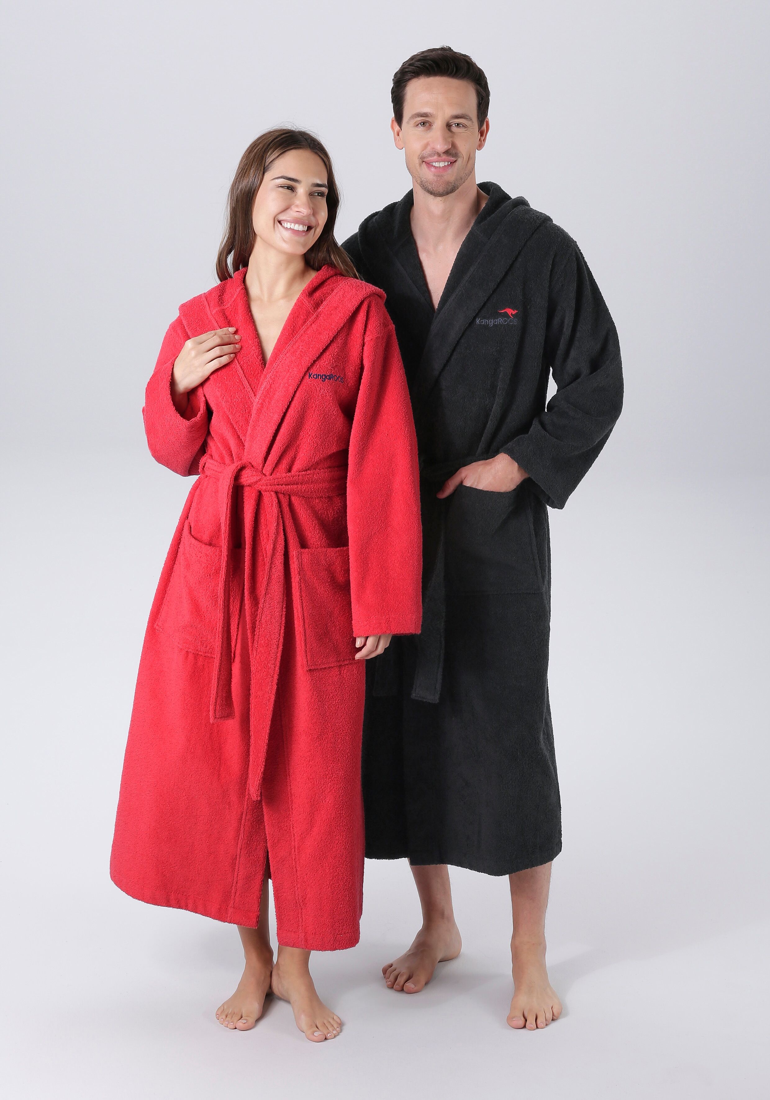 Unisex-Bademantel KANGAROOS "Cassidy, für Damen & Herren, Standardlänge & Überlänge" Gr. L, schwarz, L:134cm, Walkfrottee, Hausmäntel, Unisex-Bademantel, mit Taschen, Männer und Frauen, Baumwolle, Reise, Hotel, Sauna, S-3XL schwarz L L: 134cm