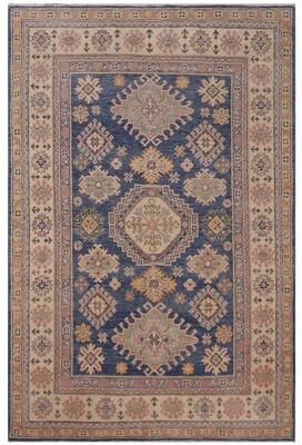 Treasured Knots Bohemian Kazak Conrad Light Blue/Beige Wool Rug - 4'0'' x 6'1''