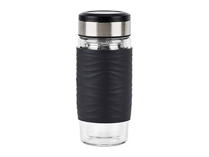 Emsa N20803 Tea Mug Teebecher aus doppelwandigem Glas, 0,4 Liter, herausnehmbares Sieb, 100% dicht, auslaufsicher, spülmaschinengeeignet, 360°-Trinköffnung, Schwarz
