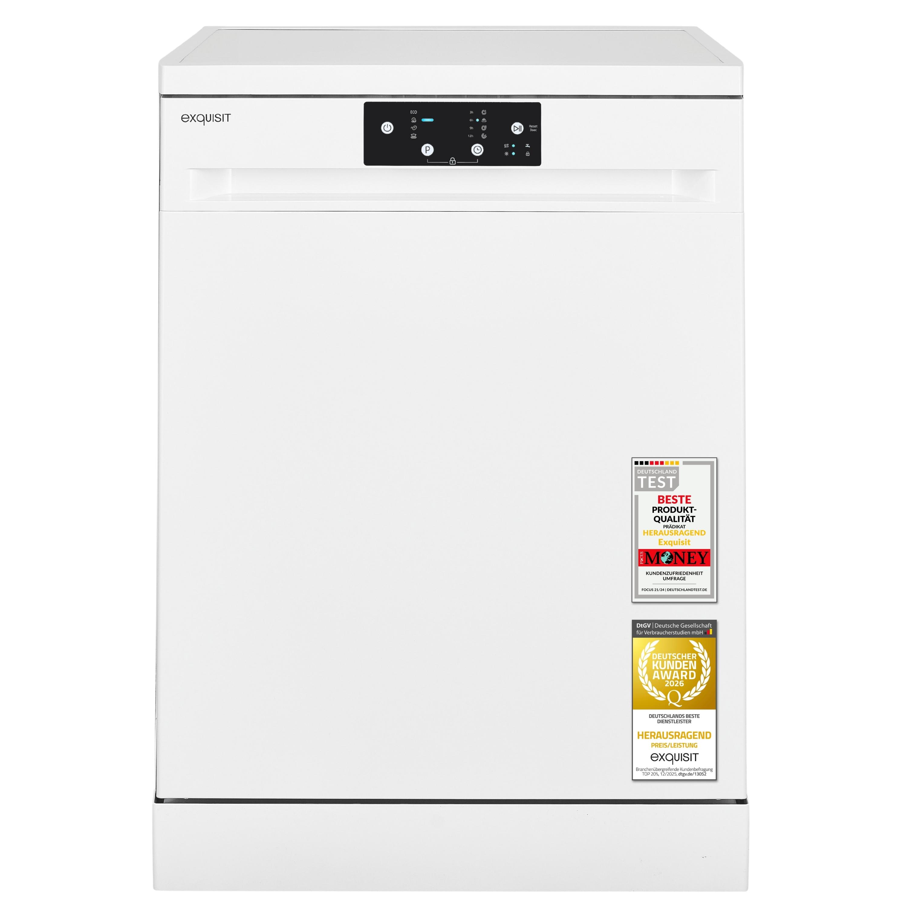 Geschirrspüler Unterbaufähig | Exquisit GSP9114-451D weiss | 14 Stk | Aquastop-Schlauch | Auto Door Open | 49 dB | Energieklasse D | Weiß