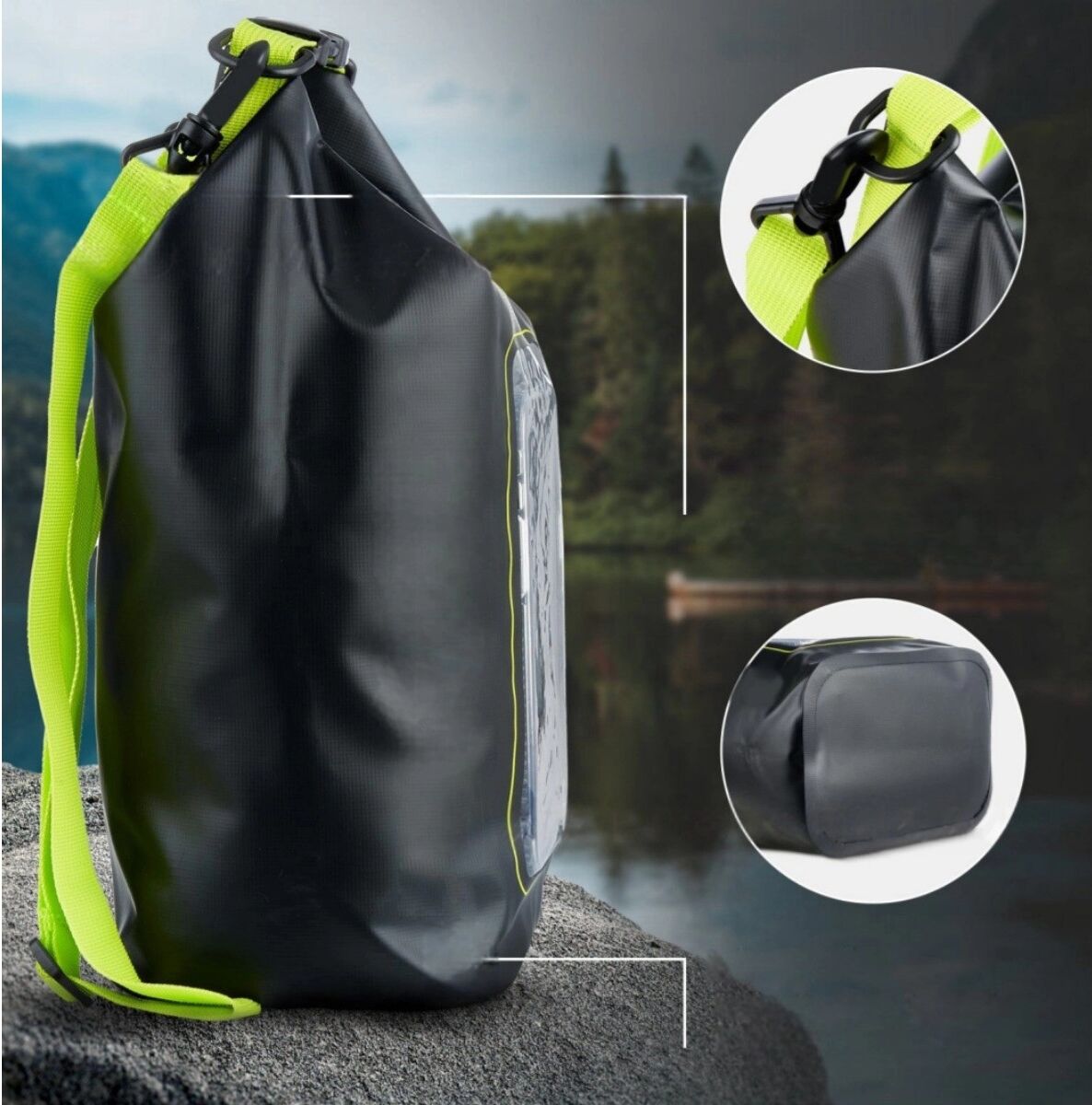 INF Sacoche étanche PVC 5L pour téléphone, pochette tactile, Protection IPX8/IPX6, grande capacité 39cm x 20cm x 12.5cm Noir + Vert
