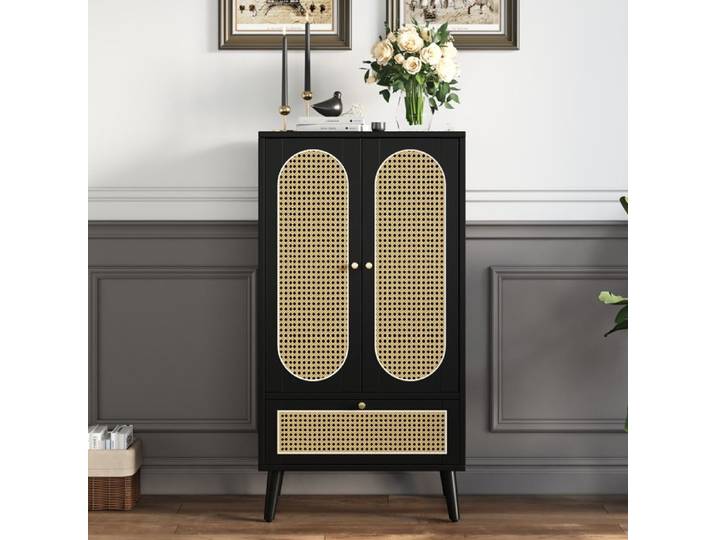 Buffet design rotin meuble d'entrée avec 2 portes 1 tiroir armoire haute armoire à manger Buffet de salon 60x40x110.5cm noir