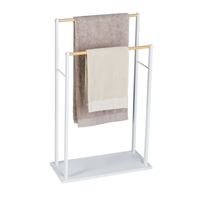 Relaxdays Handdoekenrek staand van bamboe en MDF, wit/natuur, H 91,5 x B 57 x D 25 cm