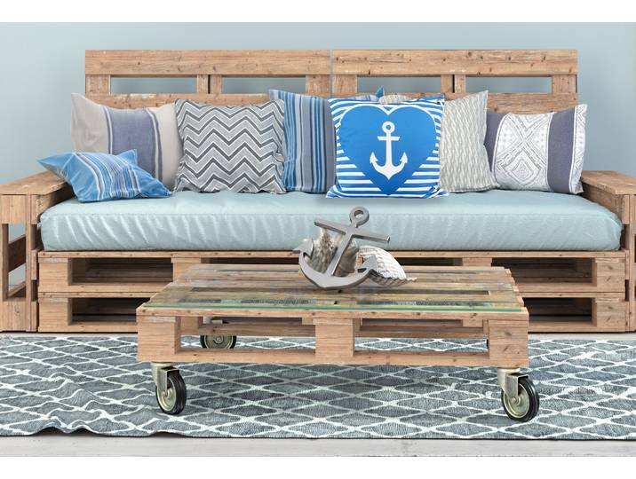 Dekokissen QUEENCE Anker 40x40/50x50cm Outdoor-Kissenbezug Garten , blau (blau, weiß, bedruckt), B:40cm L:40cm, Polyester, Dekokissen_Sitzkissen_Kissenhüllen, Dekokissen, Kissenhülle mit Öse und Kordel Kissenbezug Maritim