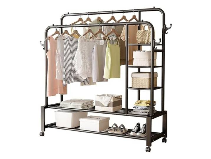 BOKNI Stabiler Donkey-Kleiderständer, mobiler Kleiderständer mit Rollen, seitlichen Haken und 5 Ablagen, Metallbügel, um 360° drehbar, 150 kg belastbar, Schlafzimmer, Balkon, Veranda, Veranda