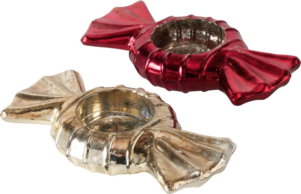Boltze Set van 2 Glazen Waxinehouders Bonbon Rood Goud Hoogte: 14 cm