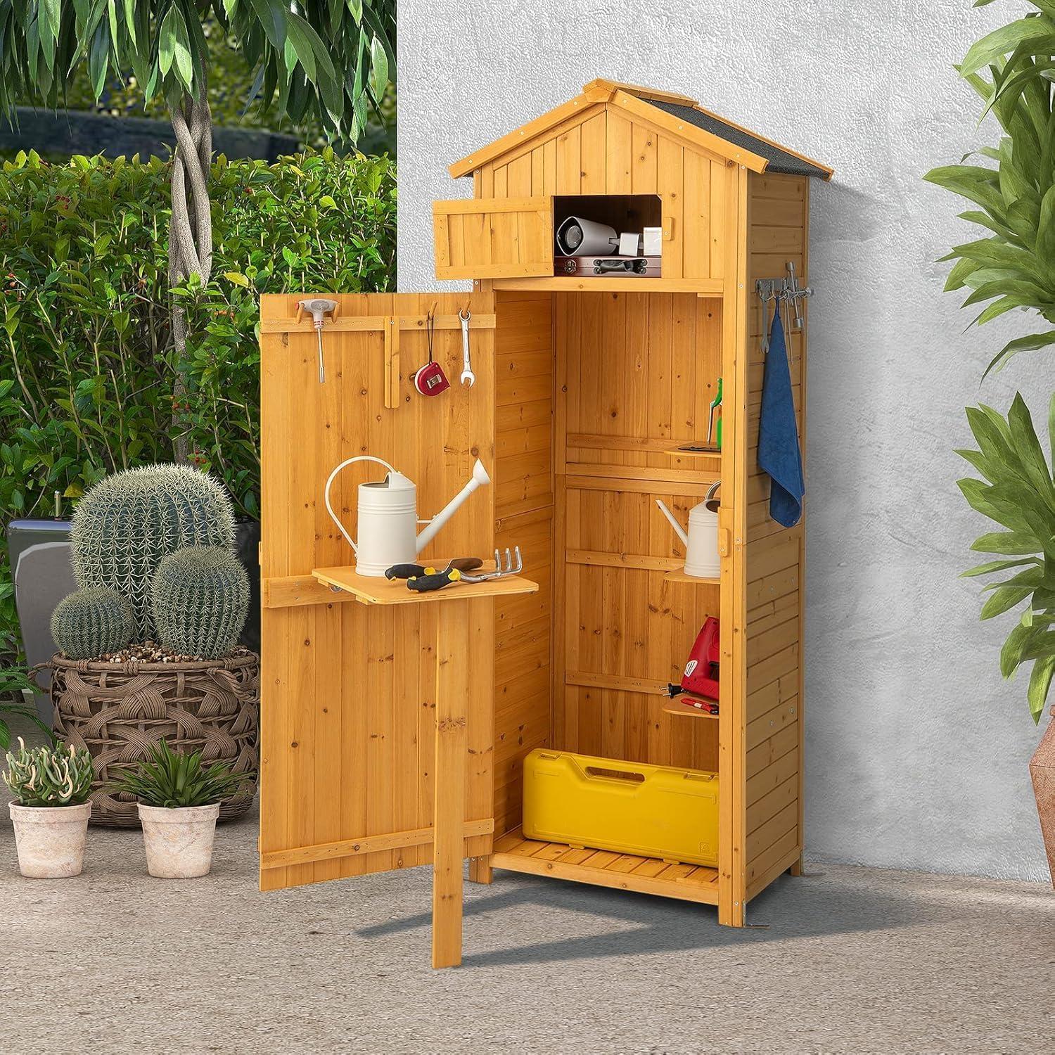 Holz-Gartenschrank mit ausklappbarem Tisch und Tür, wetterfester Werkzeugschuppen, Werkzeugschuppen mit 8 Haken, Holzschuppen mit Satteldach, Werkzeug