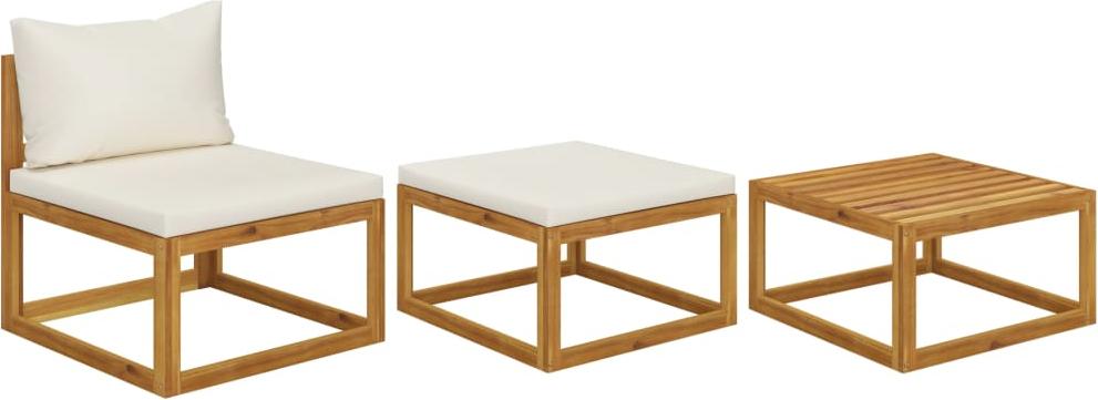 Garten Lounge Set, 3-teilig, Akazienholz Massiv mit Ölfinish, witterungsbeständig, Cremeweiß Kissen, Sofa-Mittelteil, Fußstütze, Tisch