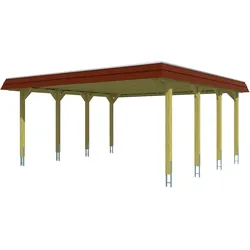 Skan Holz Walmdach Carport-585x589-Blende rot-nussbaum Holzcarport