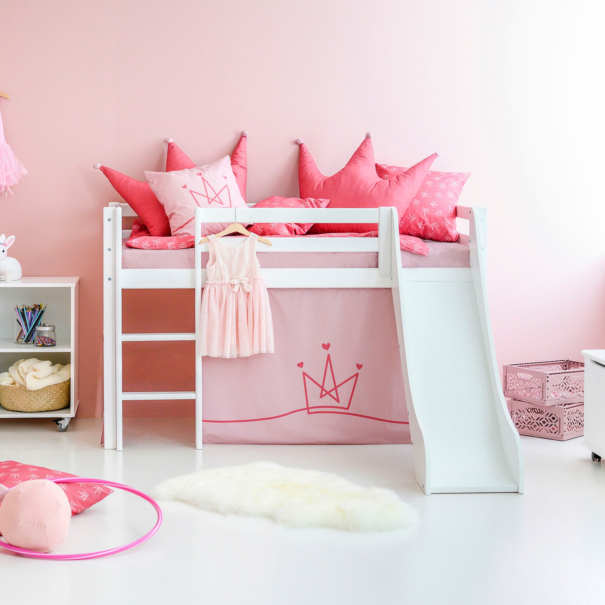 Hochbett HOPPEKIDS "«Princess»", weiss (weiß, pale rose, weiß, weiß), B:81cm H:9cm L:168cm, Bett: 100% Massivholz, Nordische Kiefer;Rutsche: MDF;Vorhang: 100% Baumwolle;Matratze: PU-Schaum;Matratzenbezug: 100% Baumwolle, Hochbetten, Hochbett, Rutsche & Vo