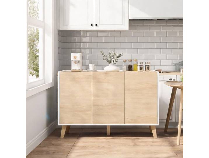 Buffet scandinave 3 portes fermeture douce finition bois blanc 120 cm - Effet Bois Naturel et Blanc Panneau de