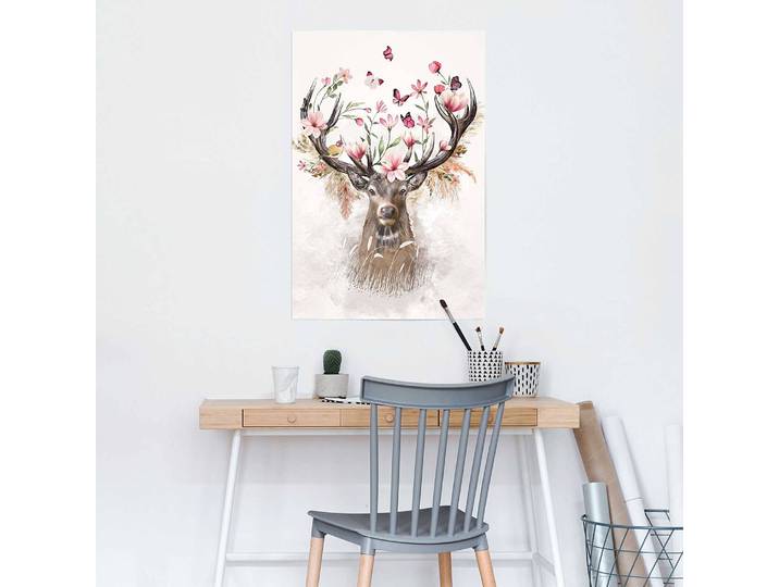 Poster Cerf en fleurs Papier Rose foncé 61 x 92 x 0cm