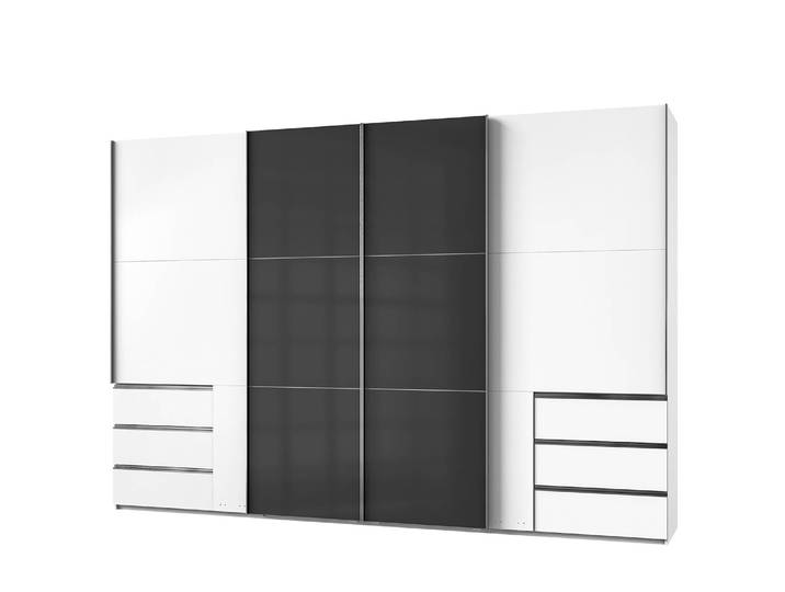 Armoire à portes coulissantes 350 x 236cm Plus de 5 tiroirs Blanc/Blanc/Noir brillant