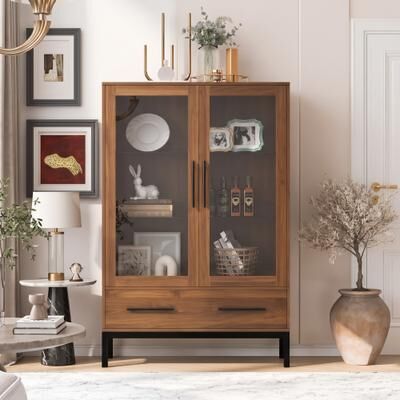 Kodotan sofa "60""H Display Cabinet with Glass Door,Farmhouse Storage Cabinet with 1 drop-down door and 4-Tier Adjustable Glass Shelves"