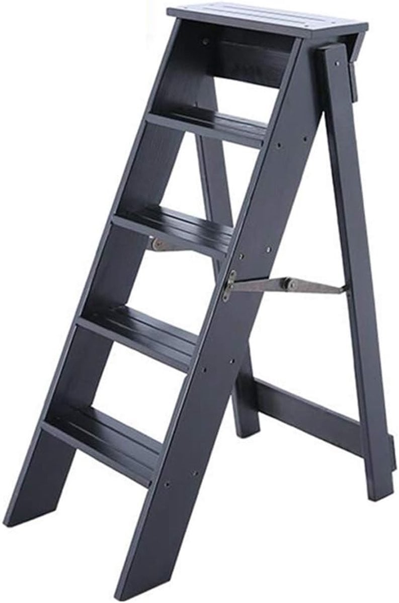 Multifunctionele houten opstap kruk en opvouwbare ladder in natuurlijk hout