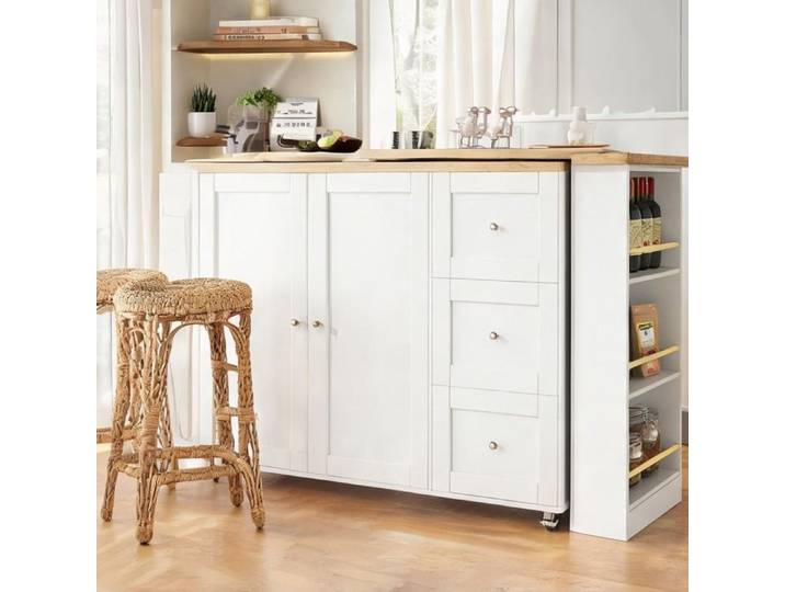Îlot central blanc avec tiroirs et roulettes rotatif 360° MDF extensible 135-203 cm