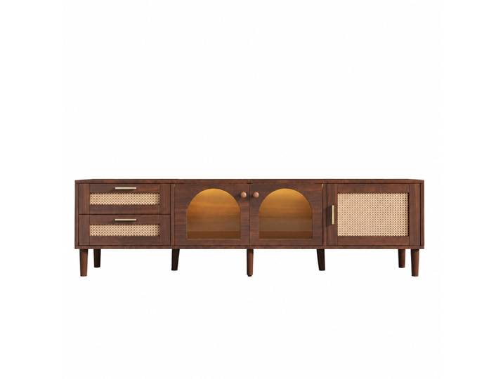 Meuble TV bois foncé 180cm, portes vitrées et 2 tiroirs
