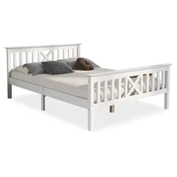 Bett 140x200 aus Kiefernholz mit X-förmigem Kopfteil und Stauraum – stabil, sicher und elegant in Weiß