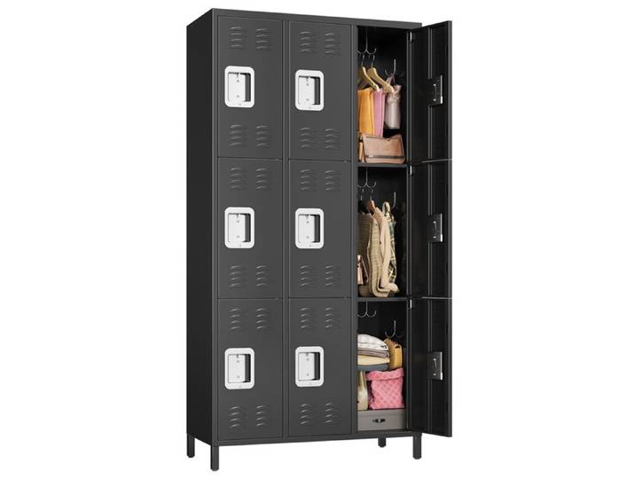 Vestiaire de bureau métallique 9 portes verrouillables - Armoire de rangement en acier 72  ventilée - Étagères réglables - Noir