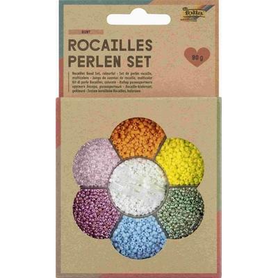 Folia Rocailles-Perlen-Set BUNT, ca. 90g Perlen, 3x1m Nylonfaden, 3 Verschlüsse