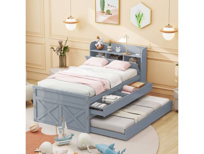 Lit simple gris 90×190 cm avec sommier inclus lit gigogne rangement intégré USB montage nécessaire