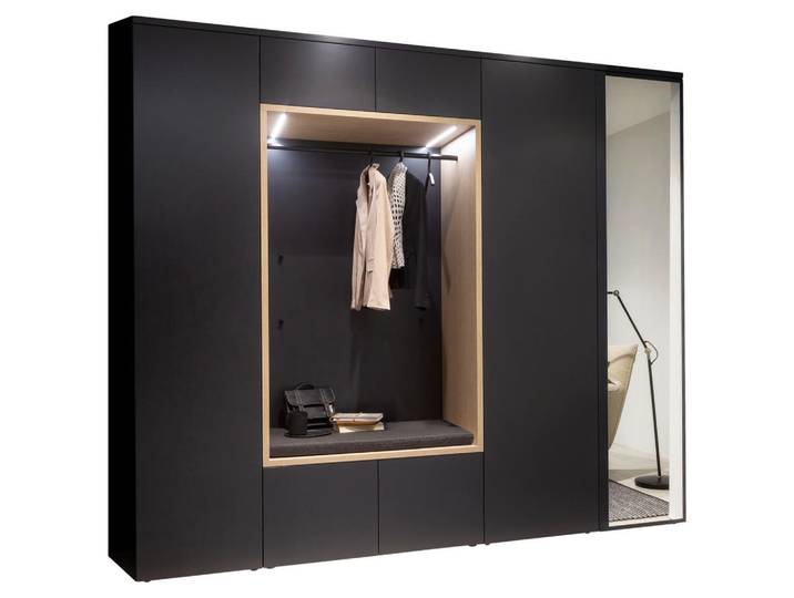 Moderano Garderobe, Anthrazit, Eichefarben, 7-teilig, 260x233x59 cm, Handmade in Germany, Garderobe, Garderoben-Sets & Garderoben-Serien, Garderoben-Sets